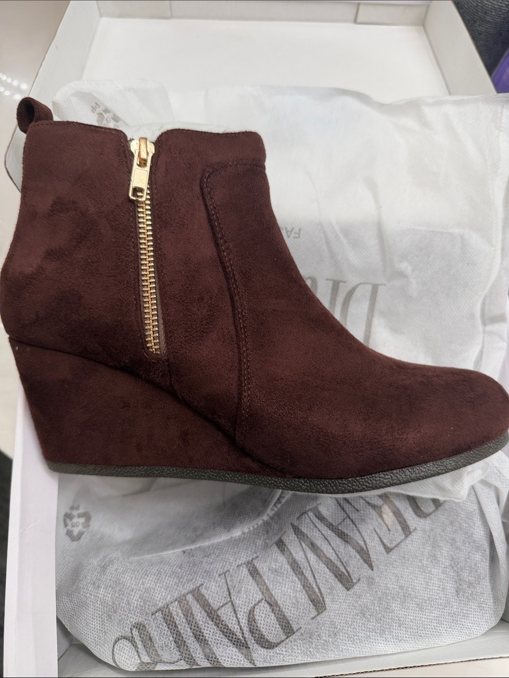 Dream Pairs Burgundy Suede Wedge Ankle Boot with Gold Zipper